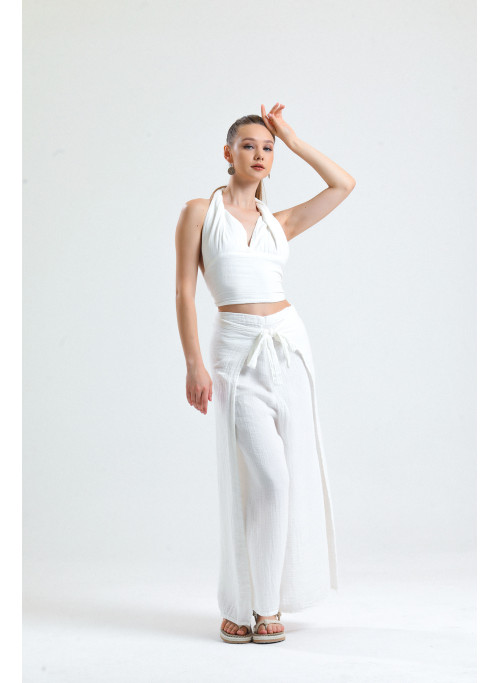 White Loose Skirt Wrap Pants